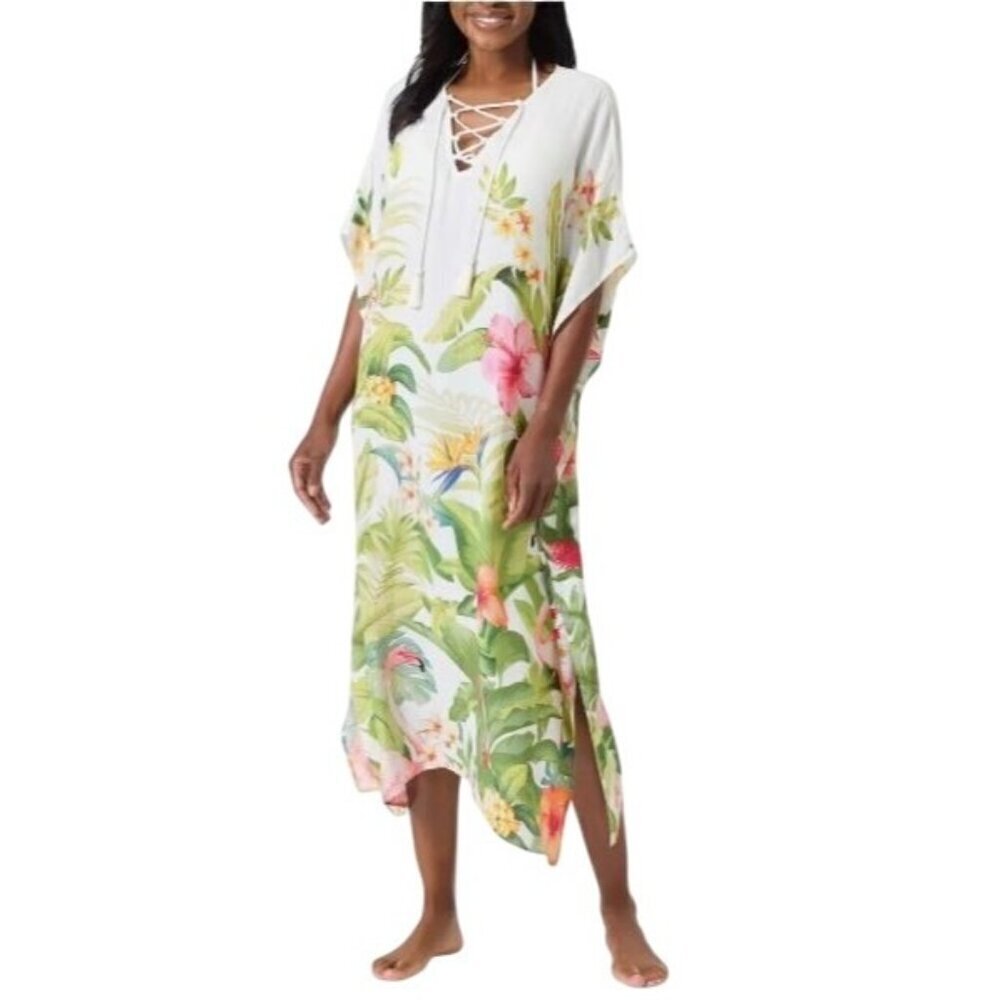 Tommy Bahama Womens White Paradise Bird Lace Up Cover up Caftan Sz S/M New - Picture 1 of 9